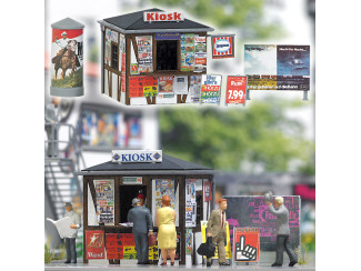Busch H0 1494 Tijdschriften Kiosk met reklameborden en zuil - Modeltreinshop
