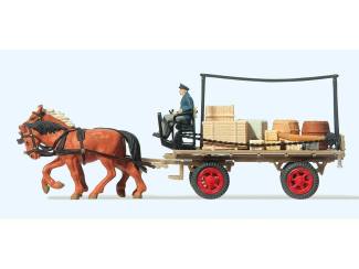 Preiser H0 30434 Platte kar met lading getrokken door 2 paarden - Modeltreinshop