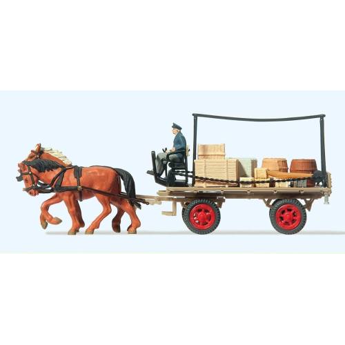 Preiser H0 30434 Platte kar met lading getrokken door 2 paarden - Modeltreinshop