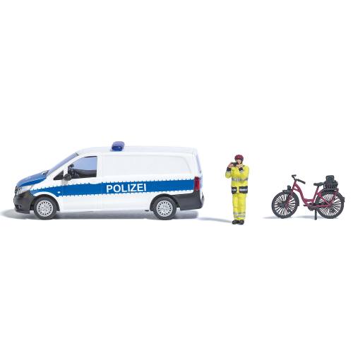 Busch H0 79801 Parkeerwachter met fiets en Politie auto - Modeltreinshop