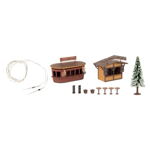 Faller HO 134006 2 Kerstmarktkraampjes met verlichte kerstboom - Modeltreinshop