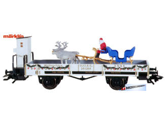 Marklin H0 48404 Lagenboord wagen beladen met een blauwe slee, de kerstman en twee rendieren. - Modeltreinshop