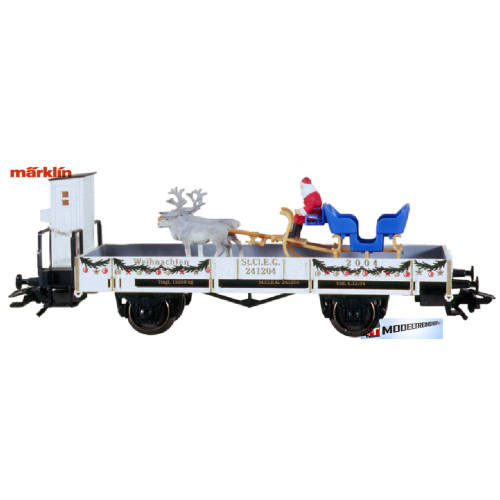 Marklin H0 48404 Lagenboord wagen beladen met een blauwe slee, de kerstman en twee rendieren. - Modeltreinshop