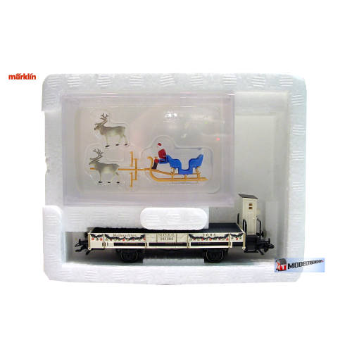 Marklin H0 48404 Lagenboord wagen beladen met een blauwe slee, de kerstman en twee rendieren. - Modeltreinshop